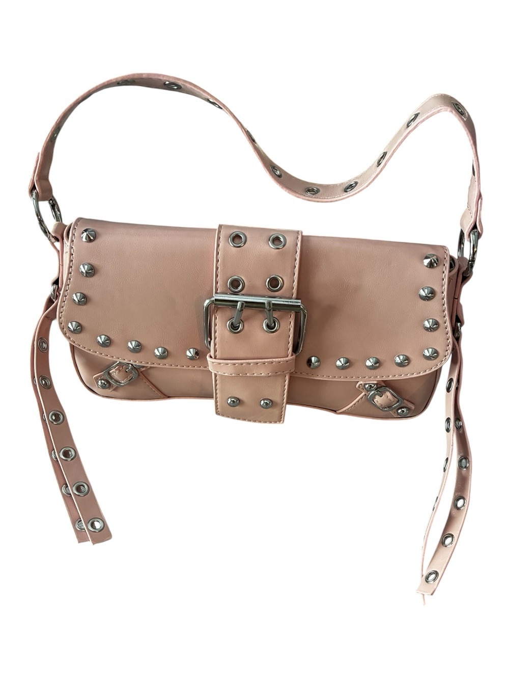 NWT Y2K Pink Studded Faux Leather Baguette Shoulder Bag Buckle Purse